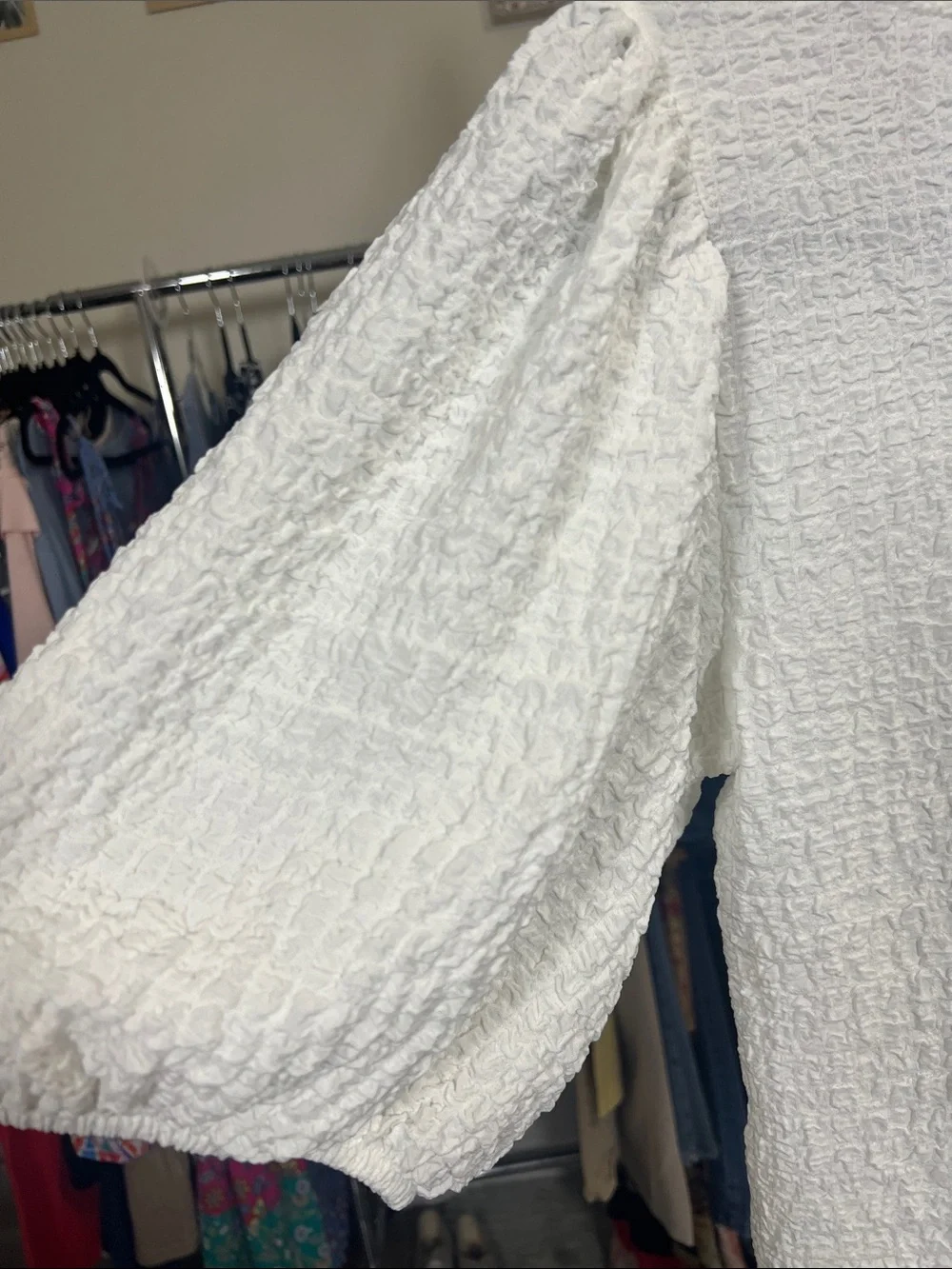 Anthropologie Maeve White Textured Scoop Neck Puff Sleeve Top Sz Large - Picture 4 of 7